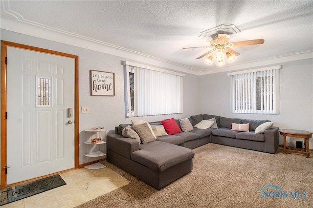 carpeted living room with a textured ceiling, a wealth of natural light, crown molding, and ceiling fan