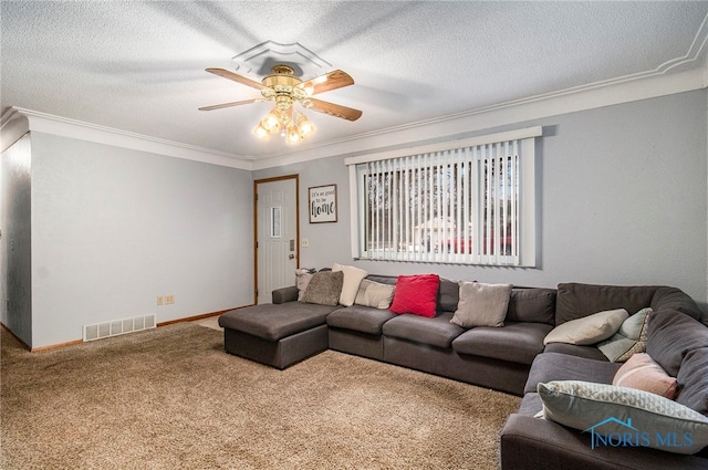 carpeted living room with ceiling fan, ornamental molding, and a textured ceiling