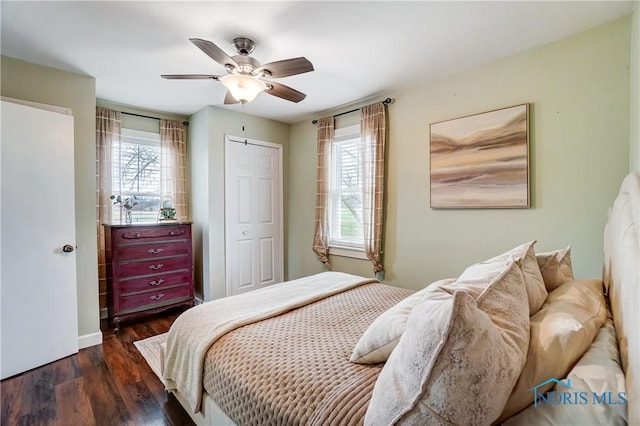 bedroom with a closet, ceiling fan, and dark hardwood / wood-style floors