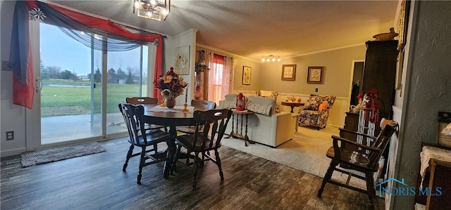 dining room featuring wood-type flooring, a textured ceiling, and ornamental molding