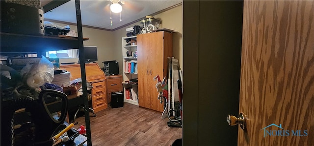 office with wood-type flooring, ceiling fan, and crown molding