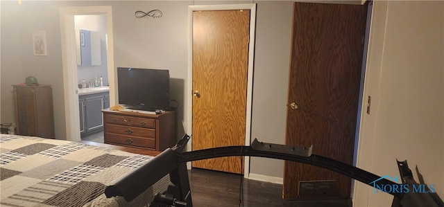 bedroom featuring ensuite bath and dark hardwood / wood-style flooring