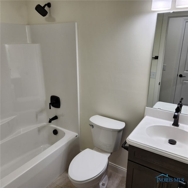 full bathroom with bathing tub / shower combination, tile patterned floors, vanity, and toilet