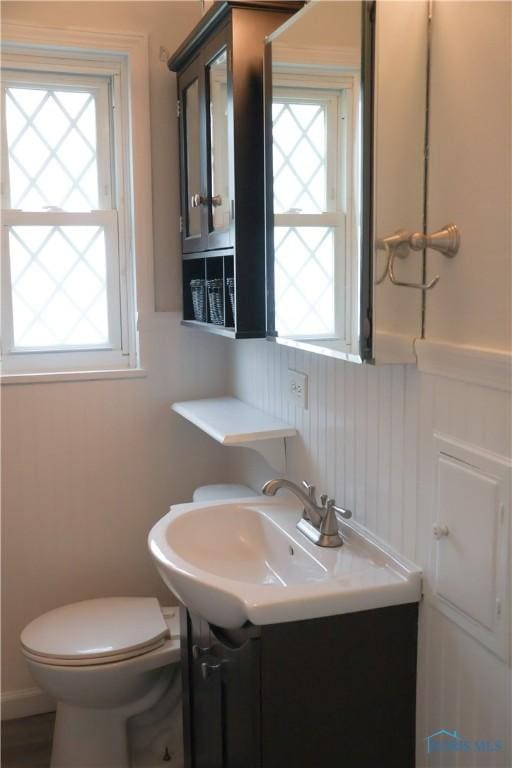 bathroom featuring plenty of natural light, toilet, and vanity