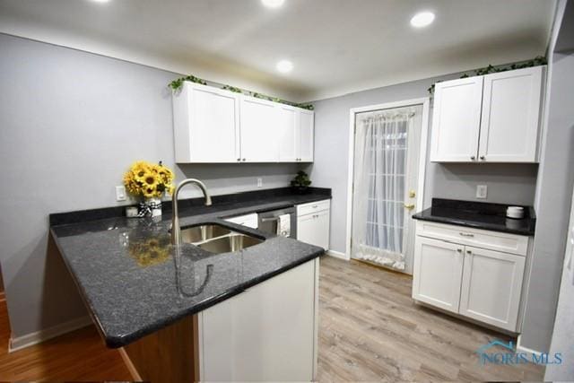 kitchen featuring white cabinets, kitchen peninsula, and sink