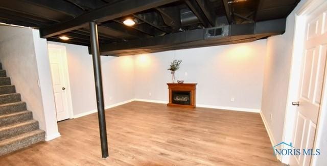 basement with hardwood / wood-style floors