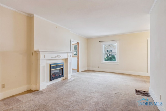 unfurnished living room with light carpet and ornamental molding