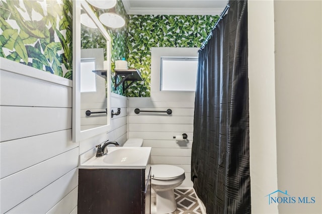 bathroom with vanity, ornamental molding, and toilet