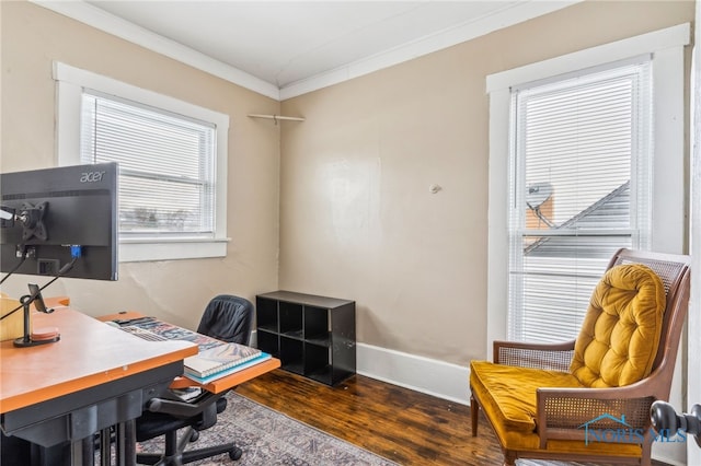 office with crown molding and dark wood-type flooring