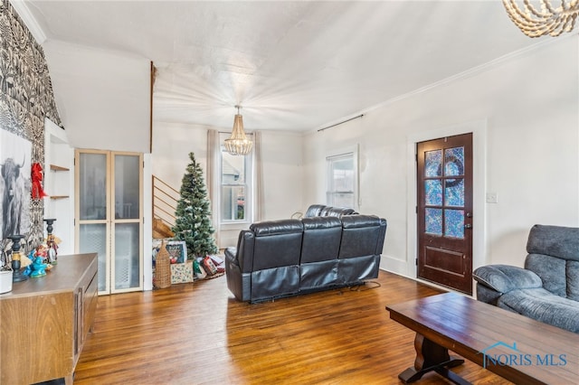 living room with hardwood / wood-style flooring, ornamental molding, and an inviting chandelier