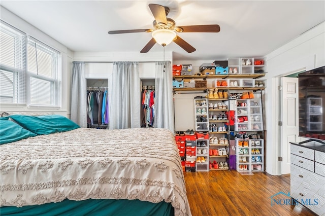 bedroom with ceiling fan, a closet, and hardwood / wood-style flooring