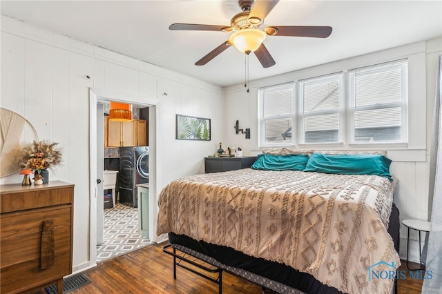 bedroom featuring ceiling fan and dark hardwood / wood-style flooring