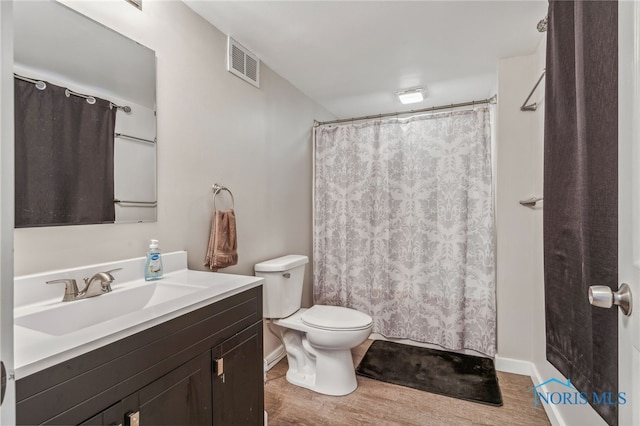 bathroom featuring vanity, toilet, and wood-type flooring