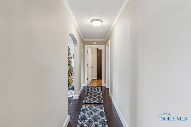 hall with a textured ceiling, dark hardwood / wood-style flooring, and crown molding