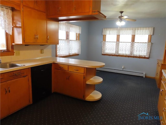 kitchen with kitchen peninsula, ceiling fan, a baseboard heating unit, sink, and black dishwasher