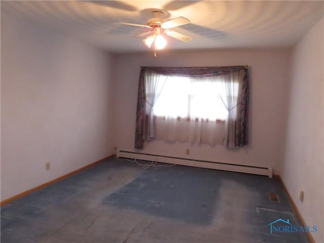 spare room featuring a baseboard radiator and ceiling fan