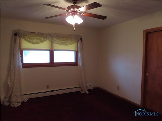 unfurnished room with ceiling fan and a baseboard heating unit