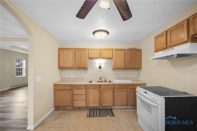 kitchen with a baseboard heating unit, white electric range, sink, light hardwood / wood-style flooring, and ceiling fan