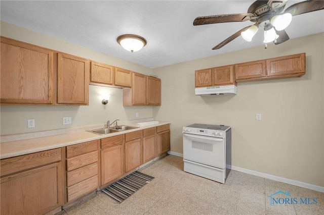 kitchen with white range with electric stovetop, ceiling fan, and sink