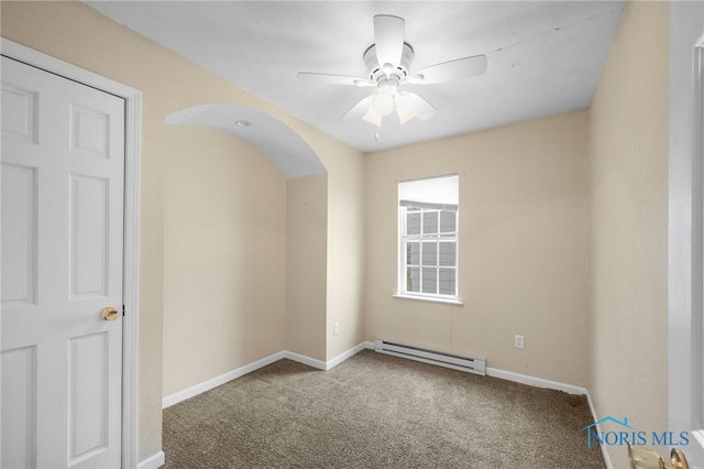 carpeted empty room with ceiling fan and baseboard heating