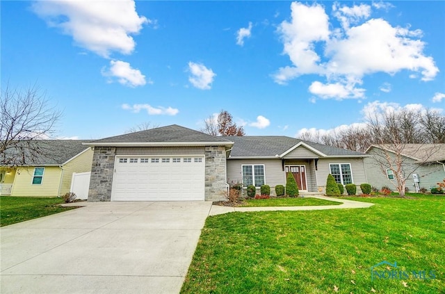 ranch-style home with a front yard and a garage