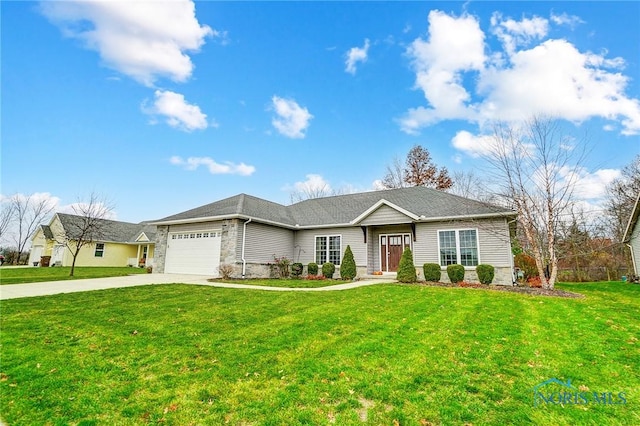 ranch-style house featuring a front yard and a garage