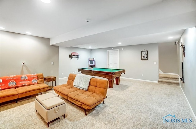 game room with light carpet and pool table