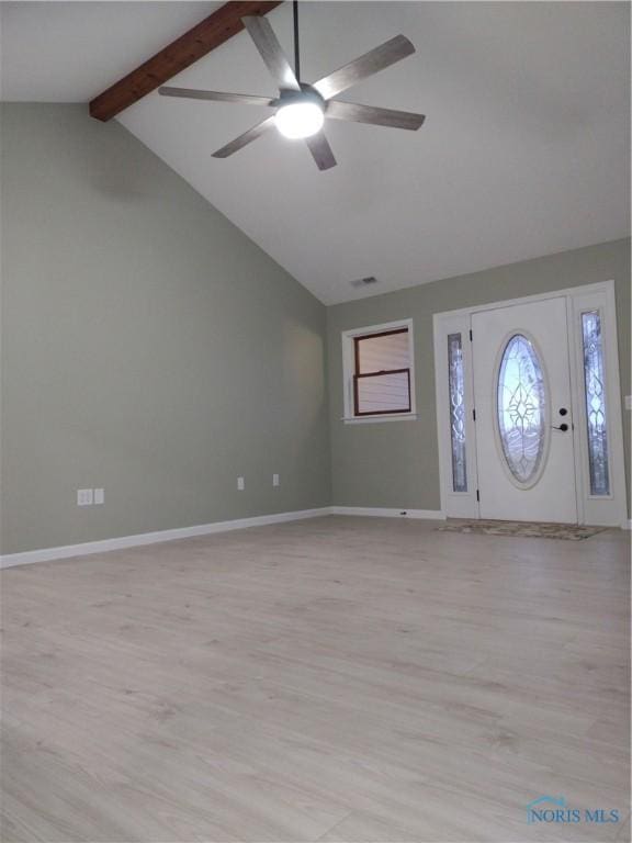 foyer featuring beam ceiling, light hardwood / wood-style floors, high vaulted ceiling, and ceiling fan