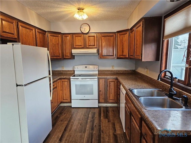 kitchen with a textured ceiling, white appliances, dark wood-type flooring, and sink