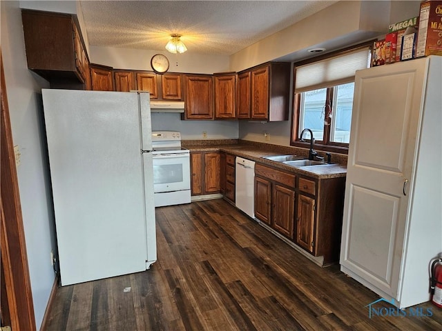 kitchen featuring a textured ceiling, dark hardwood / wood-style flooring, sink, and white appliances