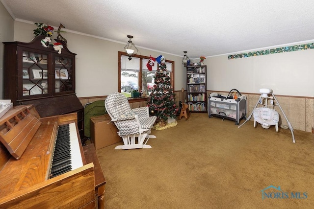 miscellaneous room featuring wooden walls, crown molding, carpet floors, and a textured ceiling