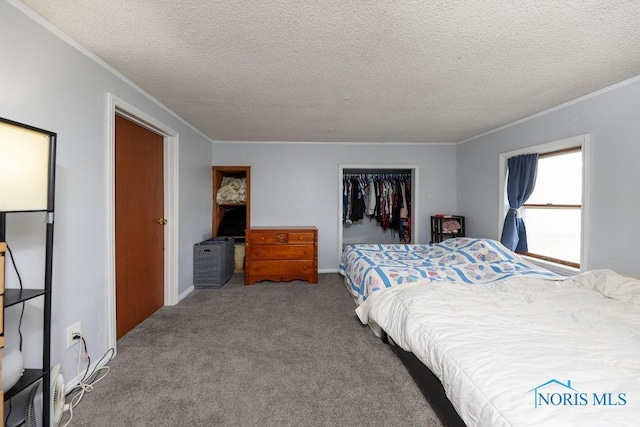 bedroom with ornamental molding, carpet floors, a textured ceiling, and a closet