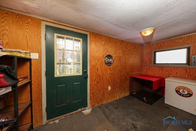 interior space with dark colored carpet, a textured ceiling, and wood walls