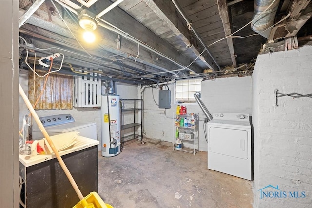 basement with electric panel, water heater, and washer and clothes dryer