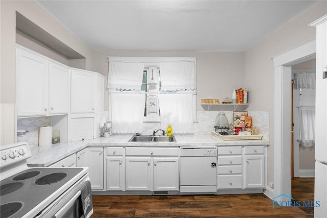 kitchen with white cabinetry, electric range, dishwasher, dark wood-type flooring, and sink