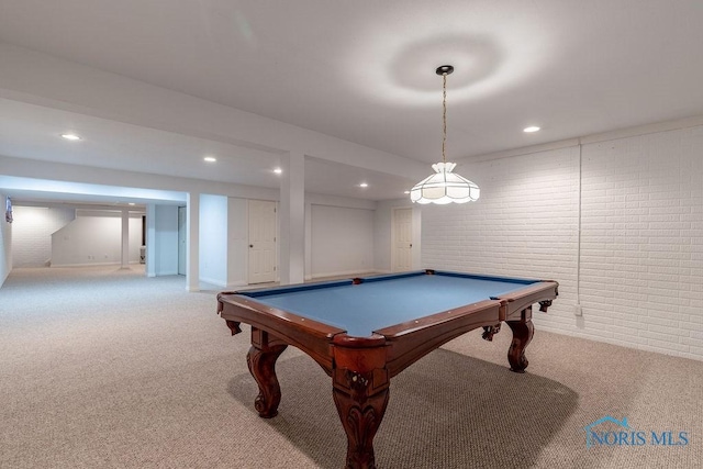 rec room featuring brick wall, carpet floors, and billiards