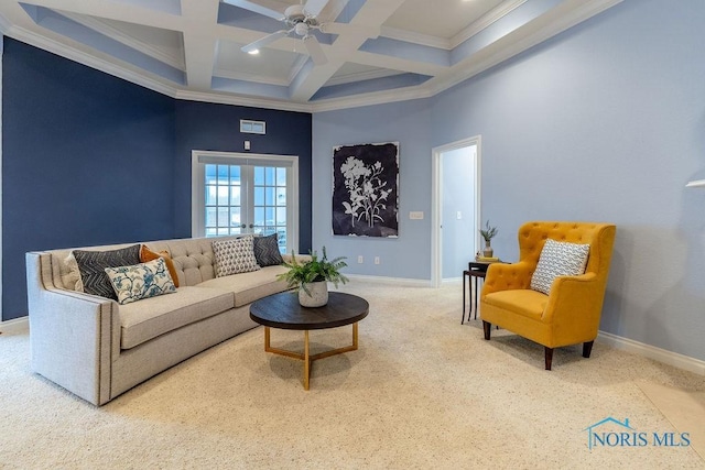 living room with french doors, coffered ceiling, crown molding, ceiling fan, and beam ceiling