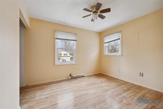 unfurnished room with ceiling fan and light hardwood / wood-style flooring