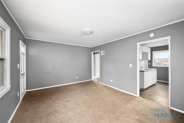 carpeted spare room with crown molding