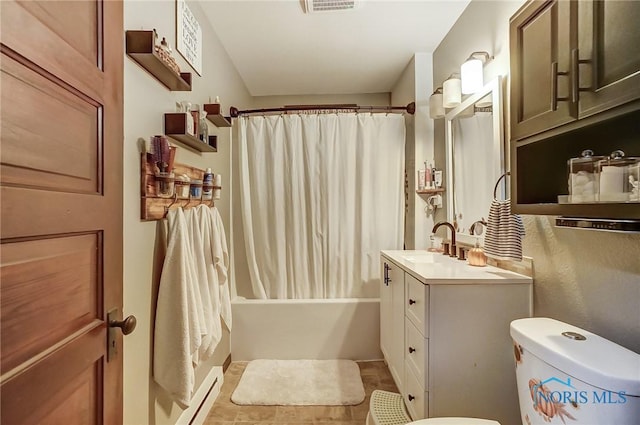 full bathroom featuring vanity, a baseboard radiator, shower / bath combo, and toilet