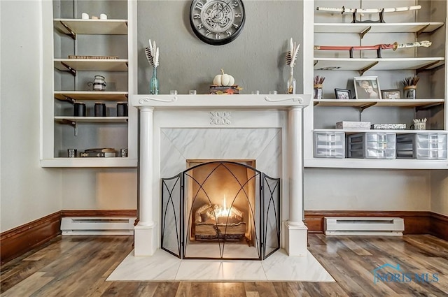 details featuring wood-type flooring and a baseboard radiator