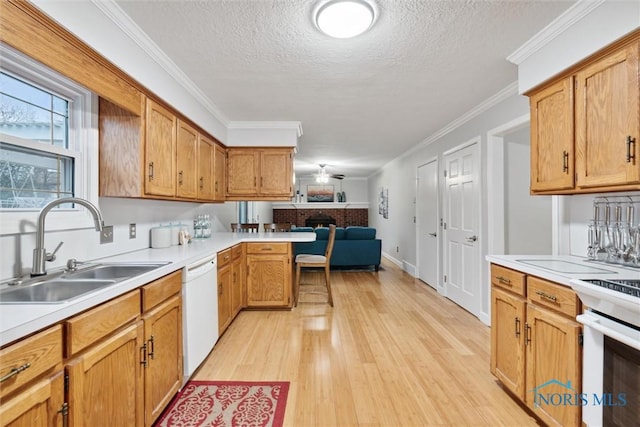 kitchen with dishwasher, crown molding, sink, light hardwood / wood-style flooring, and a textured ceiling