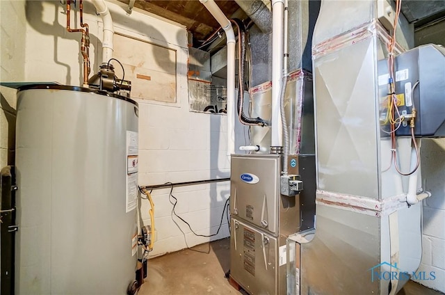 utility room with gas water heater and heating unit