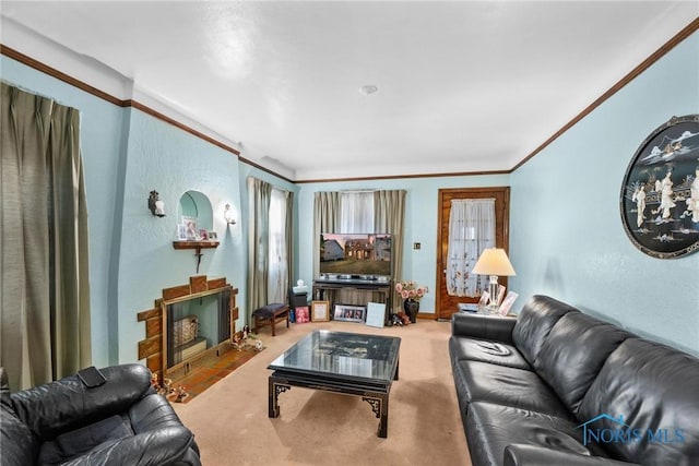 carpeted living room featuring crown molding