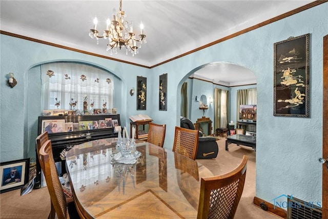 dining space featuring carpet, ornamental molding, and a notable chandelier