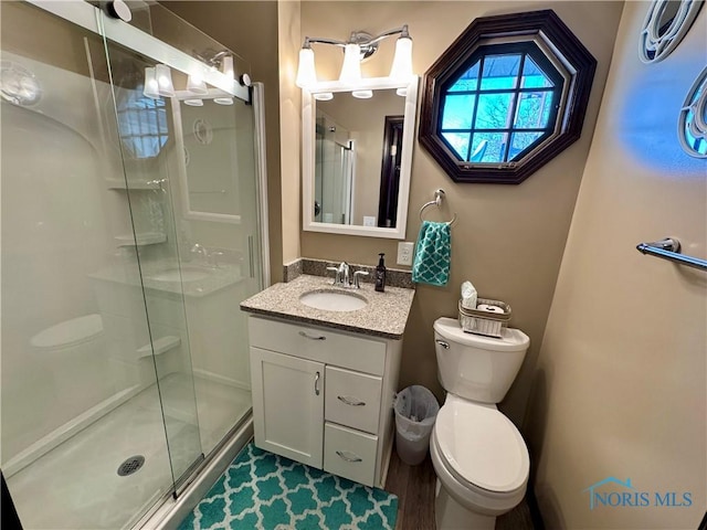 bathroom with toilet, vanity, and walk in shower