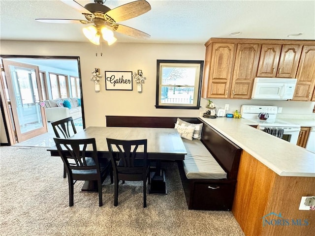 dining space featuring light carpet, ceiling fan, and a textured ceiling