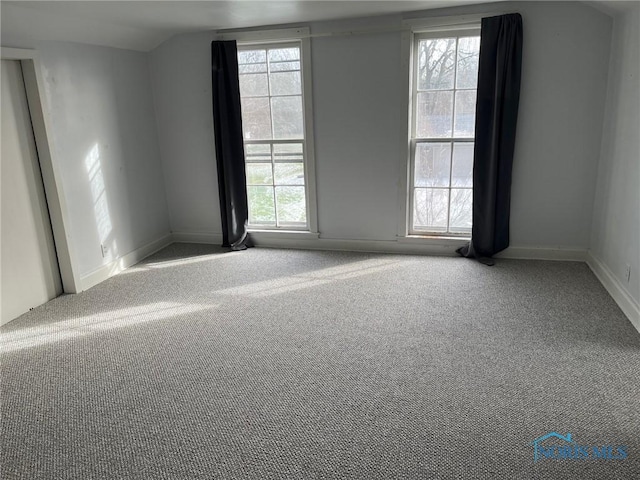 empty room with carpet floors and lofted ceiling