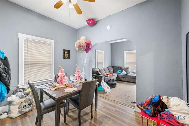 dining room featuring ceiling fan and light hardwood / wood-style floors