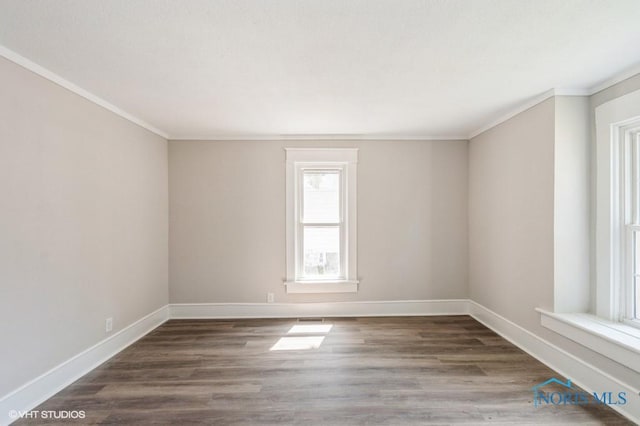 spare room featuring crown molding and dark hardwood / wood-style flooring